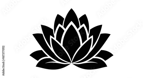 Stylized black lotus flower illustration with multiple petals, a symbol of purity and beauty.