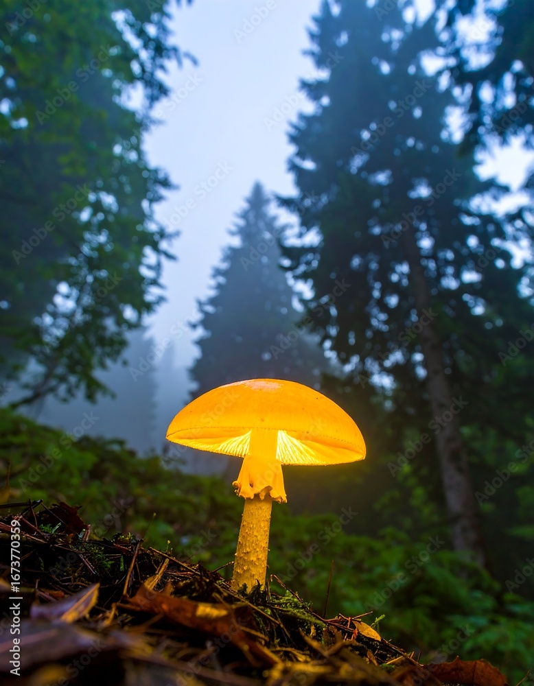 Fototapeta premium Illuminated mushroom in misty forest