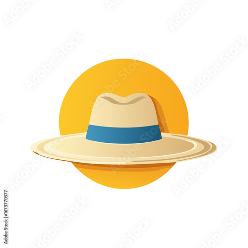 Sun Hat with Blue Ribbon in Front of Yellow Circle for Summer Vacation