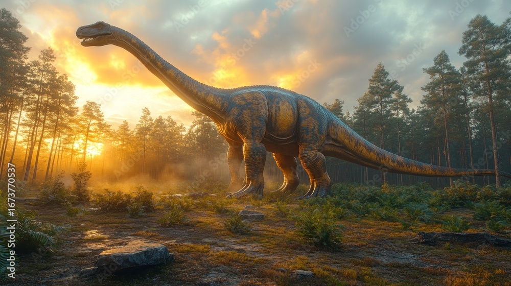 Fototapeta premium Long-necked dinosaur at dawn in forest