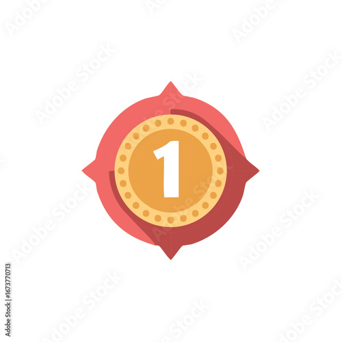 Number one badge, round medal emblem with pointy accents, flat style number achievement