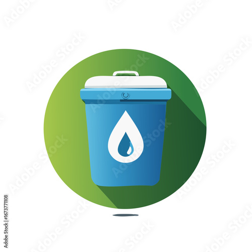 Blue recycle bin icon with water drop symbol for waste separation and water conservation themes and environmental awareness.