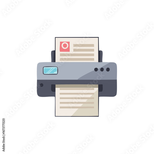 Digital Printer Vector Illustration with Printed Documents, Office Technology