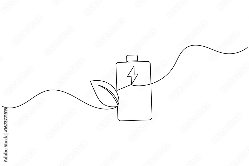 Obraz premium Charging battery icon continuous one line drawing with lightning bolt on white background 
