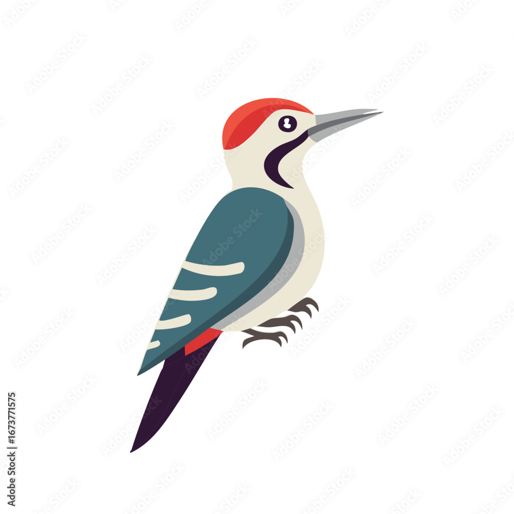 Obraz premium Flat Design Woodpecker Bird With Red Cap and Teal Wings Perched