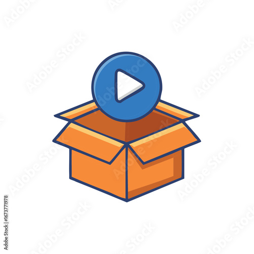 Orange open cardboard box with blue play button icon on top vector illustration
