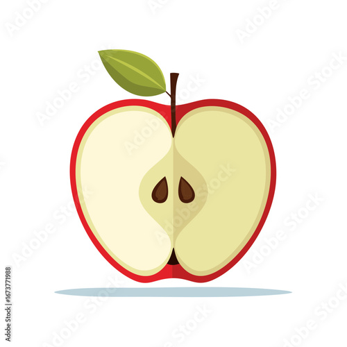 A vibrant red apple cut in half showcasing its light yellow flesh and dark brown seeds