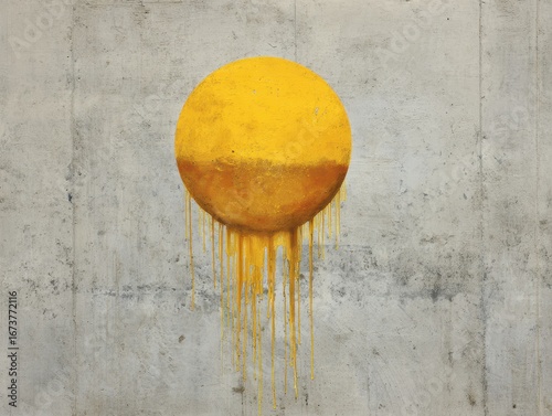 Abstract Gold and Yellow Graffiti Sun on Concrete Wall.