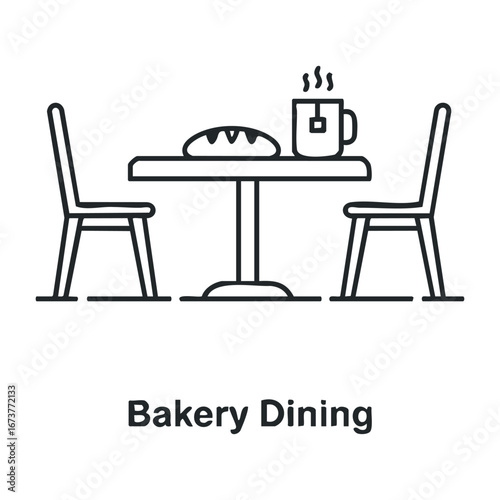 Indulging in culinary delights at a cozy bakery capturing rustic ambience in close-up food photography. Outline vector illustration