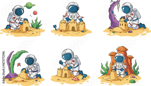 Cartoon astronauts building sandcastles on alien planets, playful space explorers with cosmic landscapes, sci-fi fun for kids, galaxy adventure illustration