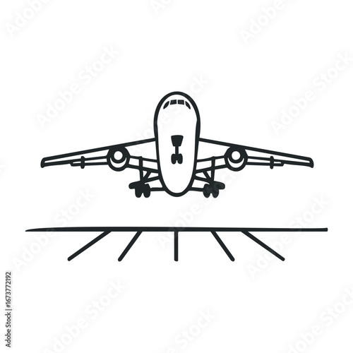 Airplane takeoff airport runway illustration minimalist style side view aviation concept. Outline vector illustration