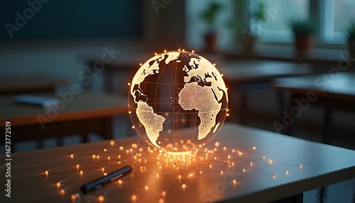 Glowing globe model on classroom desk symbolizing global education 
