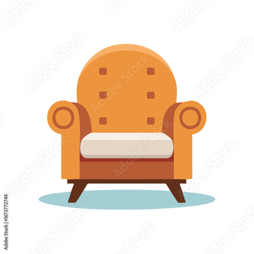 Isolated orange armchair illustration with cushion, modern upholstered chair on light background, studio furniture