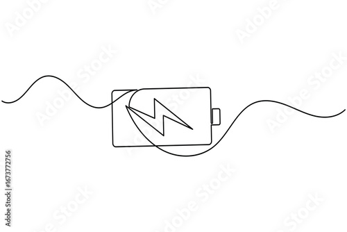 Charging battery icon continuous one line drawing with lightning bolt on white background
