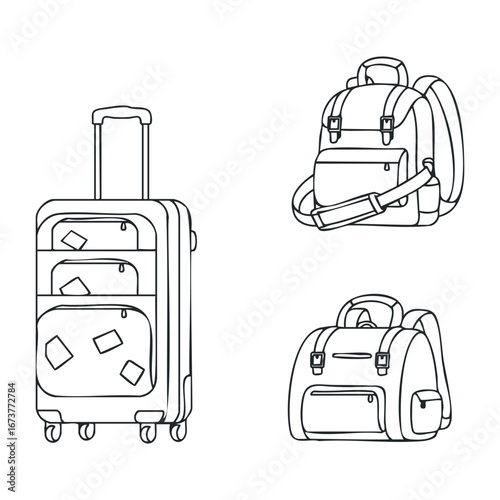 Travel essentials luggage and backpack designs for adventure seekers travel gear minimalist style creative concept. Outline vector illustration