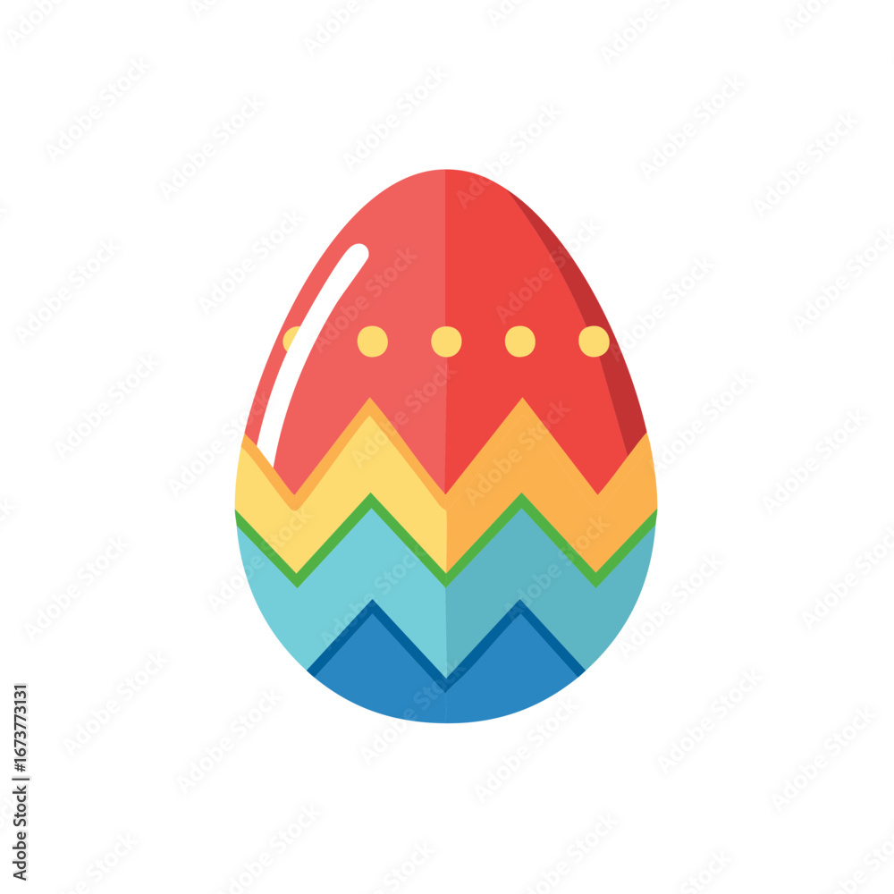 Vibrantly decorated Easter egg with colorful zigzag patterns and yellow polka dots