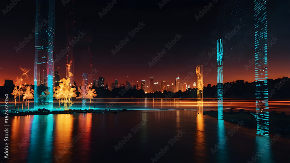 custom made wallpaper toronto digitalSkyline at night with vibrant reflections in the water, vivid sunset over a bustling metropolis skyline with illuminated buildings, reflections and futuristic cityscape skyscrapers illuminated.