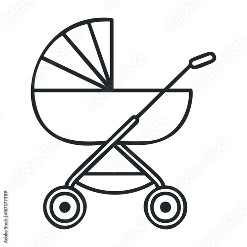 Newborn care essentials baby stroller insights parenting graphic design minimalist style close-up view modern concept. Outline vector illustration