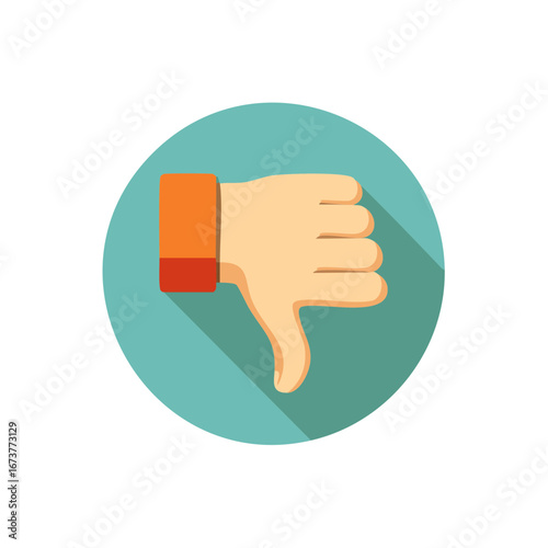 Flat design icon featuring hand with thumbs down gesture on circular background showing disapproval