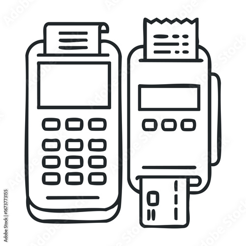 Payment processing action retail location digital device content modern environment close-up viewpoint transaction concept. Outline vector illustration