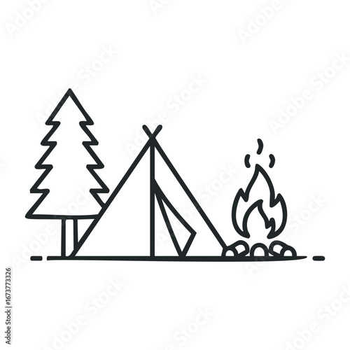Camping adventure with a tent and campfire nature landscape outdoor environment scenic viewpoint. Outline vector illustration