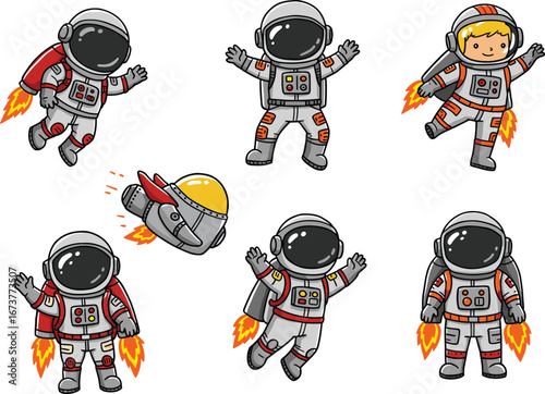 Cute cartoon astronauts in space suits flying with jetpacks and spaceship, adorable outer space exploration characters for kids, fun and playful design