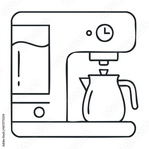 Brewing coffee machine action kitchen appliance design modern environment side view home concept. Outline vector illustration