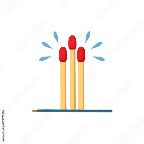 Three matchsticks standing on a blue pencil with glowing red tips and blue light streaks