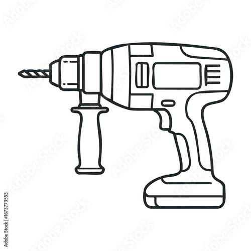Power drill operation home workshop tool usage indoor setting close-up view diy projects. Outline vector illustration