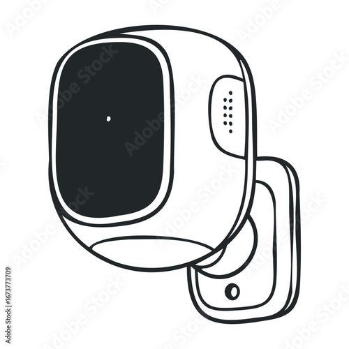 Installing a modern security camera home technology indoor close-up safety and surveillance. Outline vector illustration