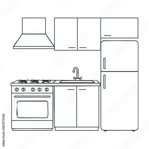 Modern kitchen design showcase home interior line art illustration minimalist style aesthetic view functional concept. Outline vector illustration