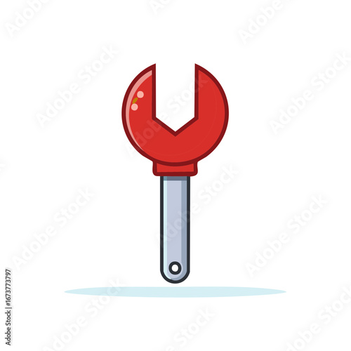 Cartoon style illustration of a red and silver wrench tool isolated on a plain white background.