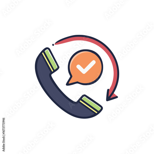 Telephone Handset with Check Mark Speech Bubble and Circular Arrow