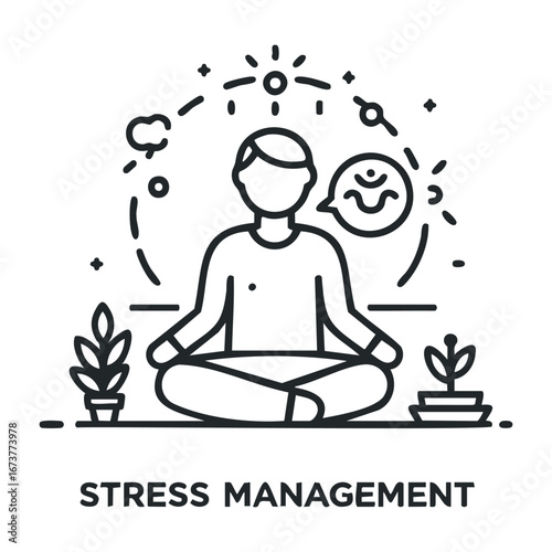 Meditation and mindfulness techniques for stress management in urban environments graphic illustration calm atmosphere. Outline vector illustration