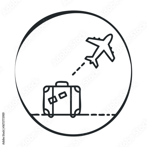 Traveling with style airplane departure and luggage journey airport iconic illustration minimalist design aerial perspective. Outline vector illustration