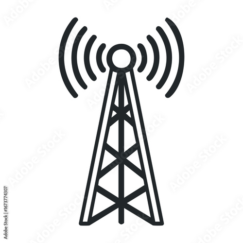 Broadcasting signal transmission tower urban area graphic representation digital environment technical viewpoint wireless communication concept. Outline vector illustration