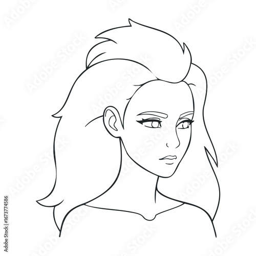 Artistic portrait of a young woman digital illustration studio background focused expression. Outline vector illustration