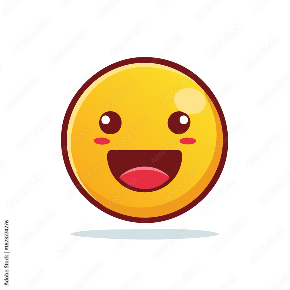 Fototapeta premium Cheerful yellow emoji smiling with open mouth, blush, and big eyes. Vector illustration.