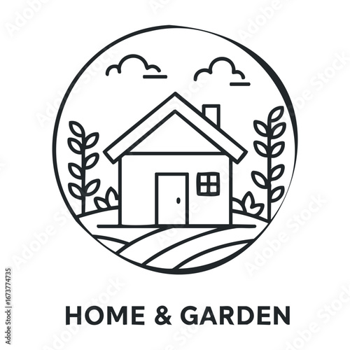 Innovative home and garden design showcase residential area graphic illustration modern environment aerial view sustainability concept. Outline vector illustration