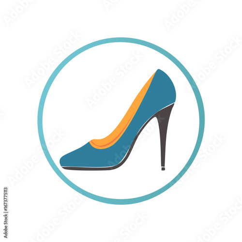 Stylized stiletto heel shoe icon, illustration, teal circle frame, black heel, blue and orange fashion footwear symbol