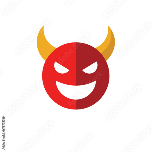 Mischievous red devil emoji icon with yellow horns, menacing eyes, and a wicked grin, flat vector illustration