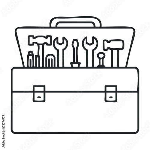 Tool organization and maintenance techniques in a workshop environment for diy projects. Outline vector illustration