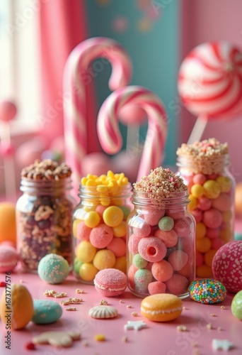 colorful candy jars filled seasonal treats gourmet confections sweet delights bright tasty snacks celebration candyland, confectionery, chewy, jelly, flavor