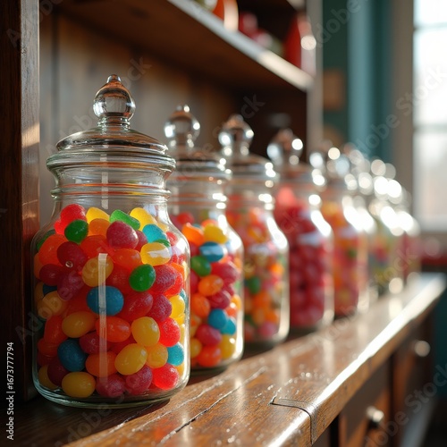 colorful candy jars vibrant confections sweet treats delightful dessert display sugar explosion, decor, bulk, party, temptation, assortment, arrangement