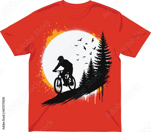 Mountain biking t-shirt design, cyclist silhouette in nature, forest sunset outdoor scene, adventure graphic tee illustration, trendy sportswear print for active lifestyle apparel branding
