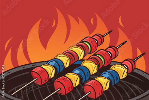 A vibrant poster featuring glowing, perfectly grilled kebab skewers suspended above glowing charcoal embers.