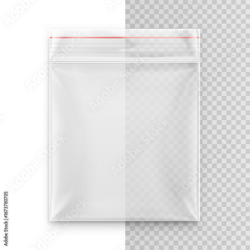Tek clear plastic zip bag mockup for food. Vector illustration isolated on white and transparent background. Ready for your design. EPS10.