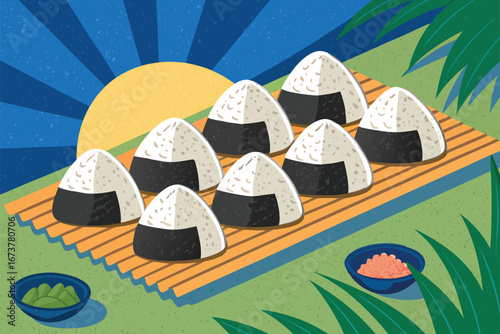 A visually striking poster featuring a vibrant arrangement of glowing onigiri rice balls.