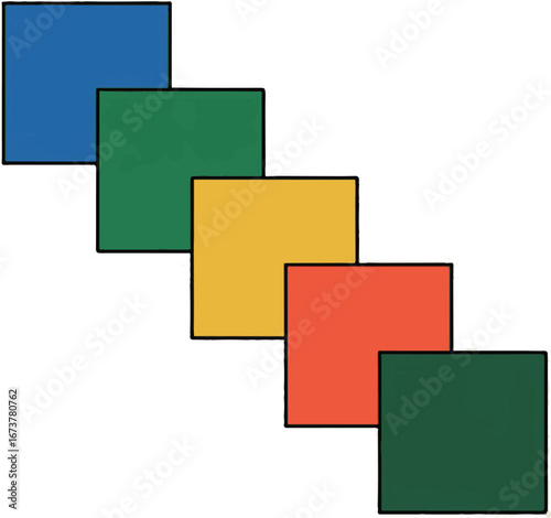 A diagonal arrangement of five brightly colored squares in blue green yellow orange and dark green creating a vibrant abstract pattern with a clean white background