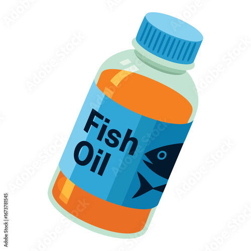Flat vector illustration showing liquid omega 3 fish oil in transparent bottle symbol of nutrition, medicine, pharmacy, health supplement, diet wellness and medical science themes in modern design